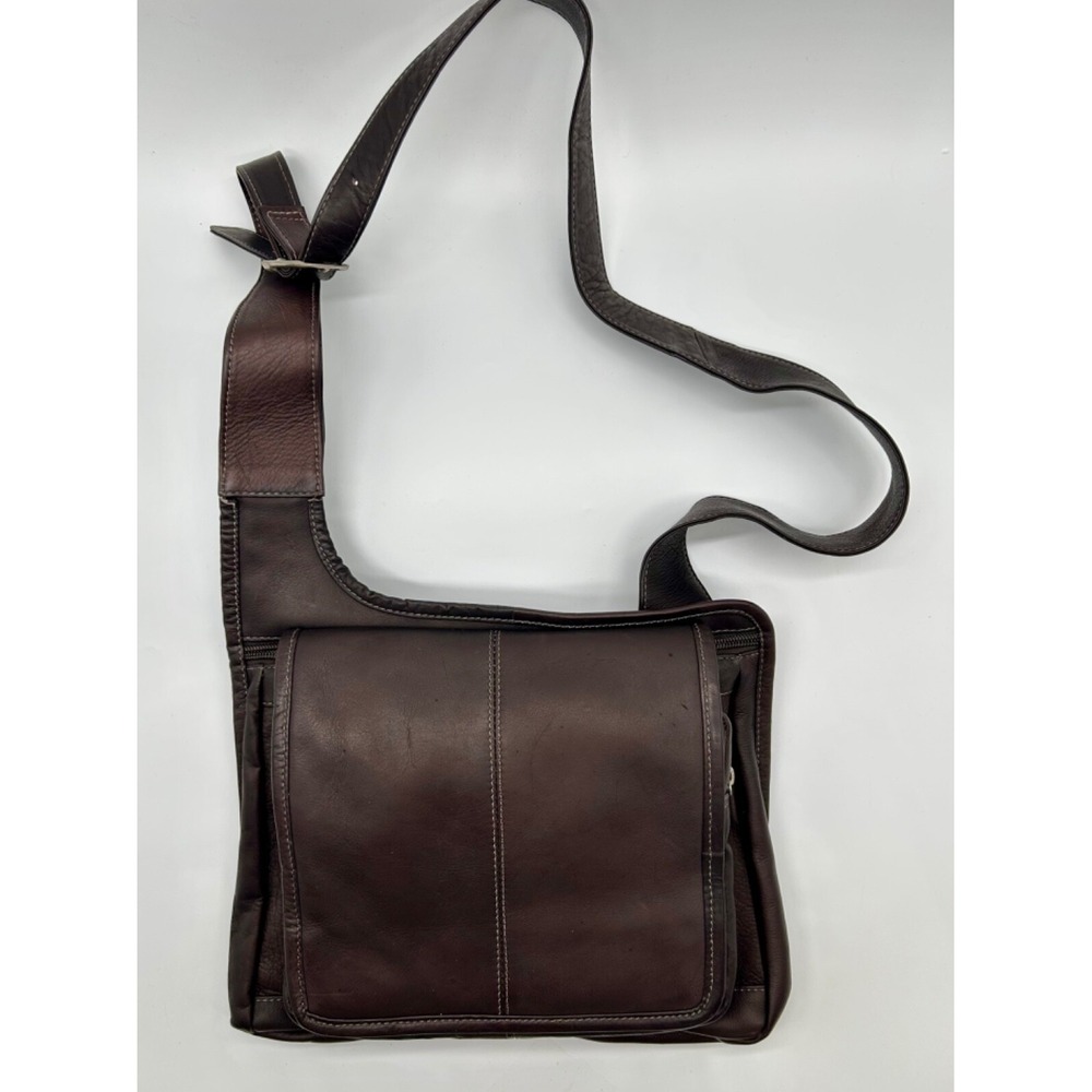 Piel Leather Bag Brown Unisex Slim Line Flap Over Crossbody Bag EUC‎